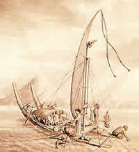 A Tahitian outrigger canoe as drawn by Sydney Parkinson